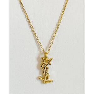 YVES SAINT LAURENT YSL Logo Charm Zipper Pull Pendant Necklace Gold Tone